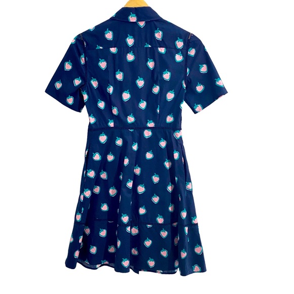 Draper James Navy Blue Pink & Green Strawberry Print Shirt Dress, Size 0 - Picture 6 of 16